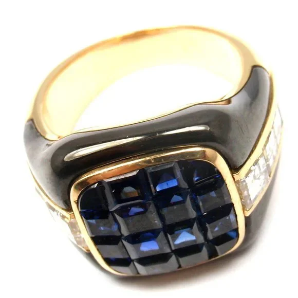 Piaget 18k Yellow Gold Diamond Invisible Set Sapphire Enamel Ring - Picture 4 of 9